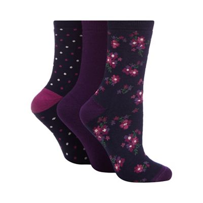 Pack of three navy floral chunky print thermal socks